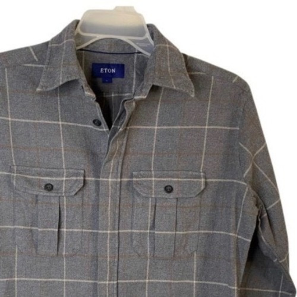 Eton Mens Grey Windowpane Flannel Long Sleeve 4 Pocket Button Down Shirt Large